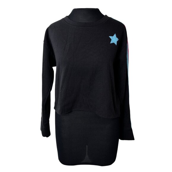 Knit Riot Tops - Black Knit Riot Cropped Sweatshirt With Blue Star & Rainbow Sleeve Stripes Women